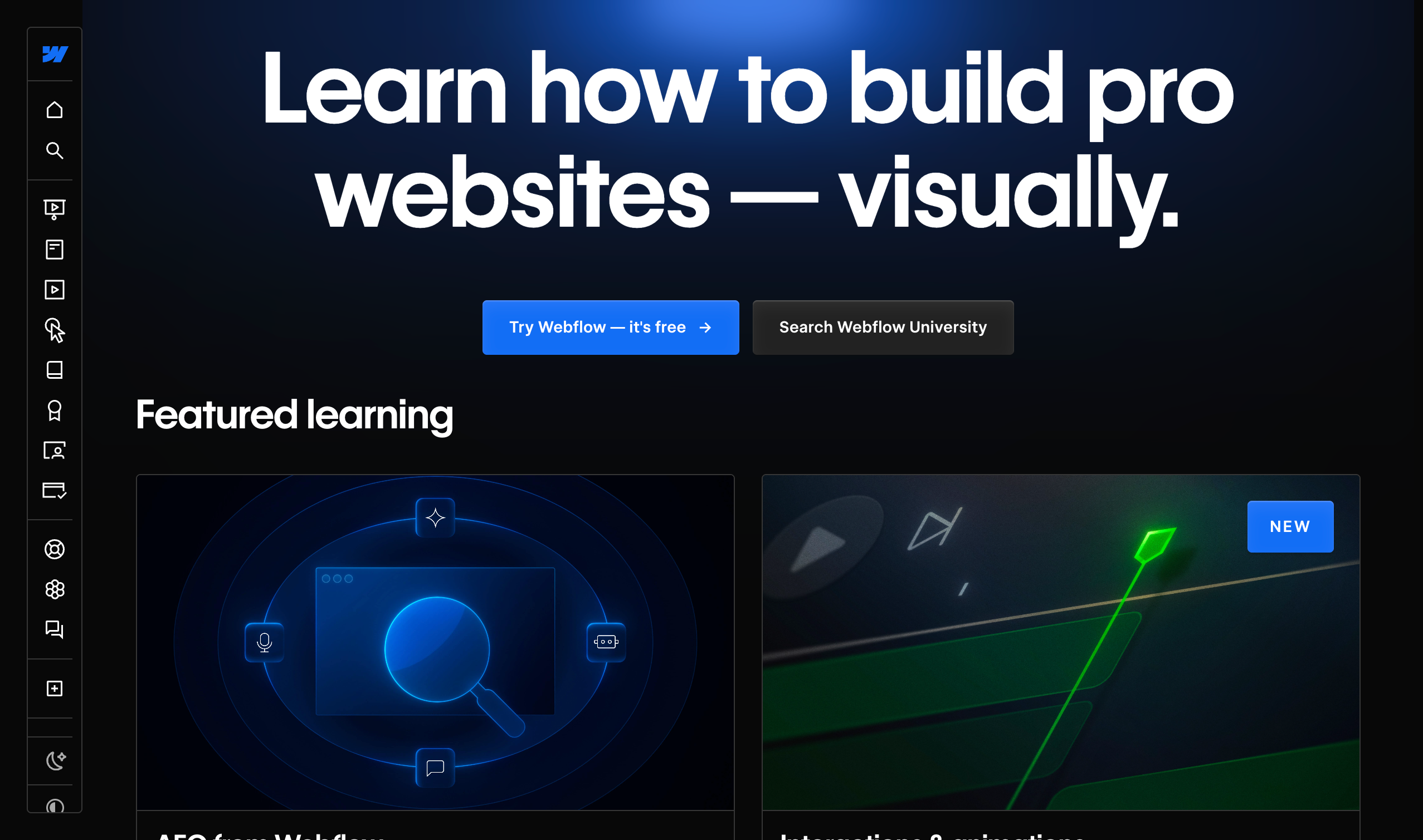 Screenshot of Webflow University's home page