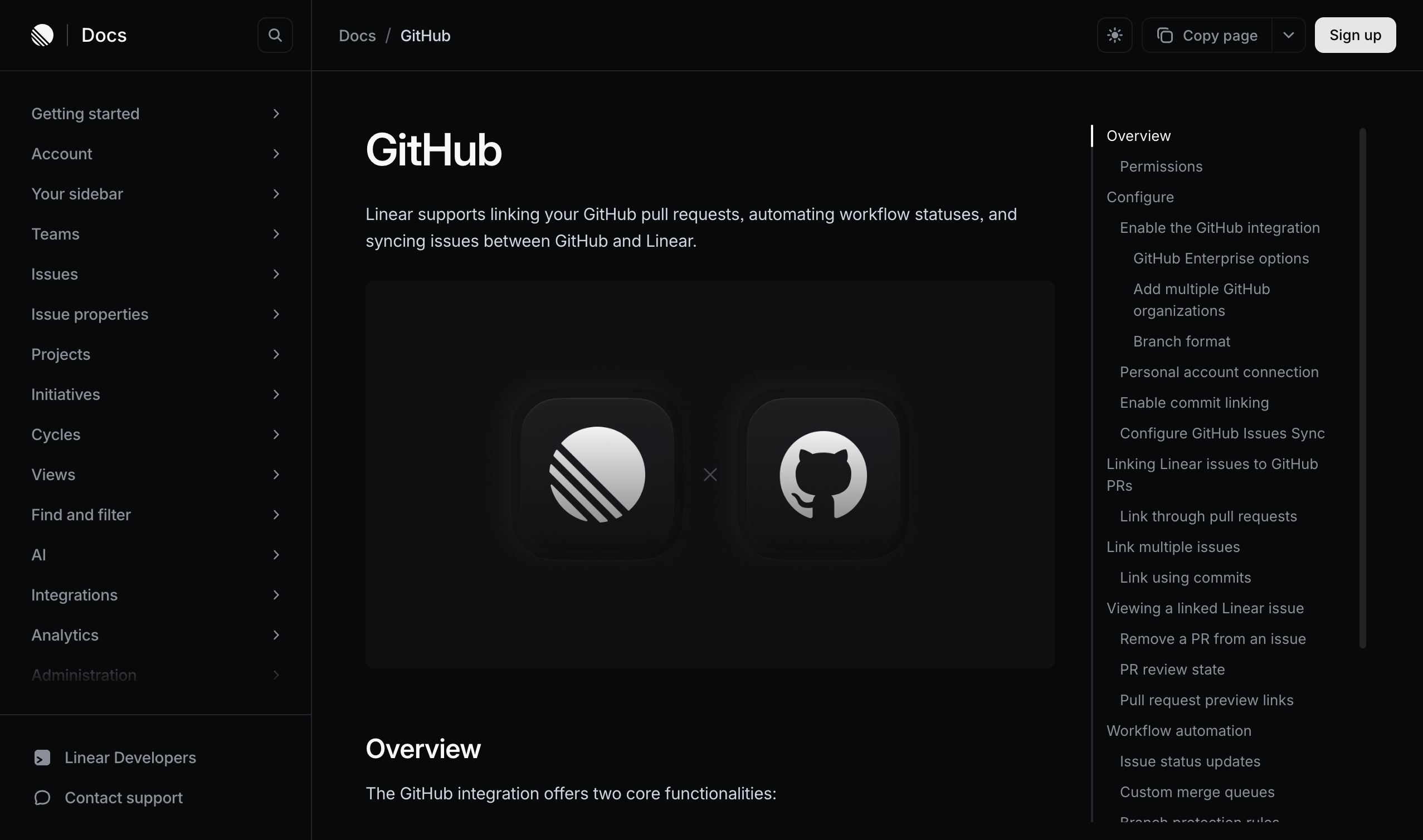 Screenshot of Linear's documentation home page