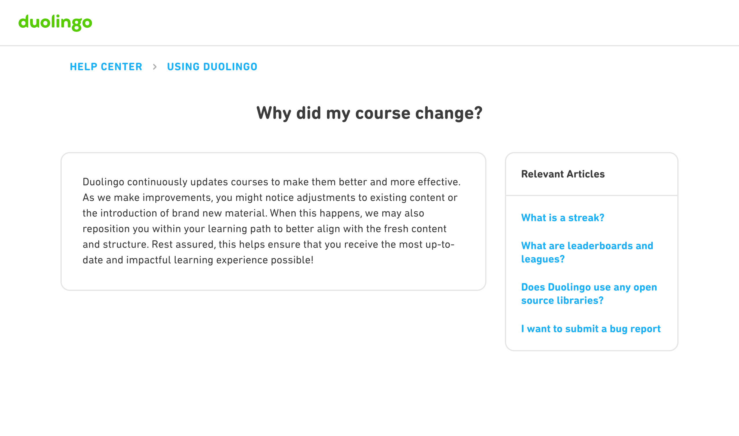 Screenshot of Duolingo's help center home page