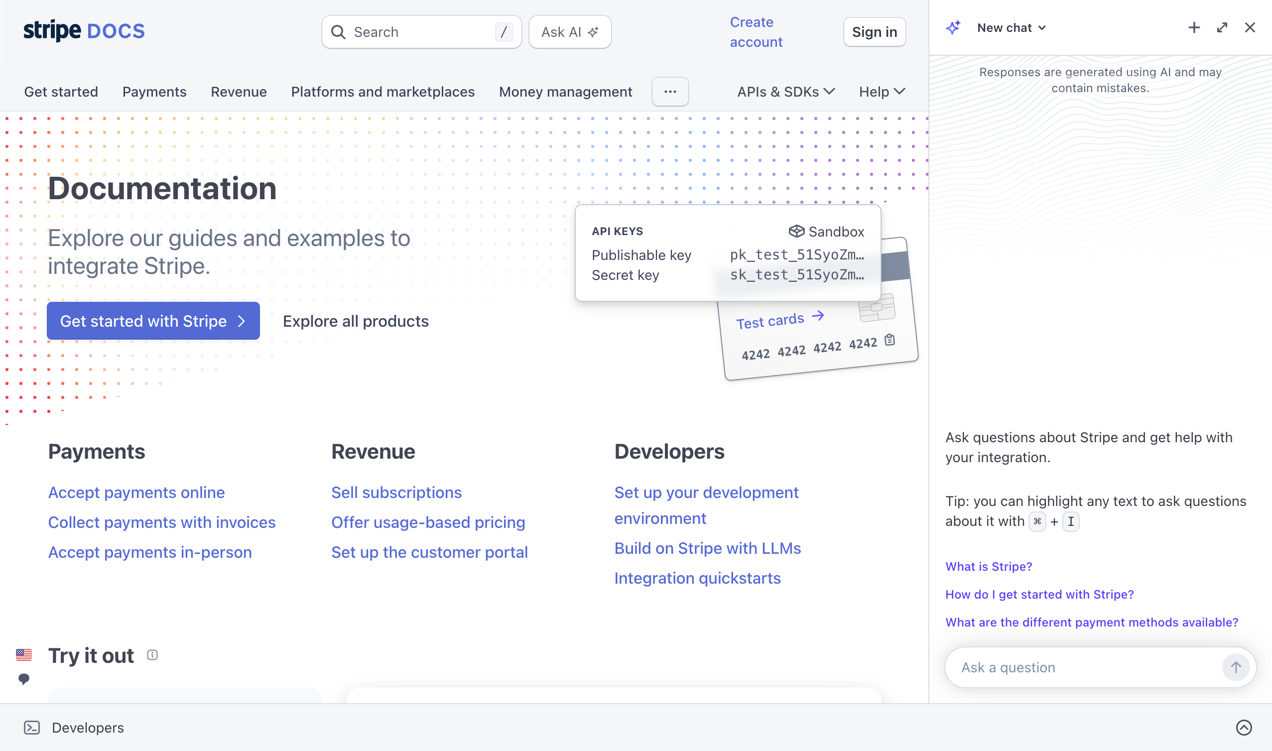 Screenshot of Stripe's documentation home page